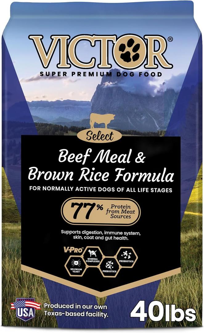 VICTOR Super Premium Dog Food  Select Beef Meal & Brown Rice Formula for Immune and Gut Health  Gluten-Free Beef Meal Dry Dog Food for All Normally Active Dogs of All Life Stages, 40 lbs (40 Pound (Pack of 1))