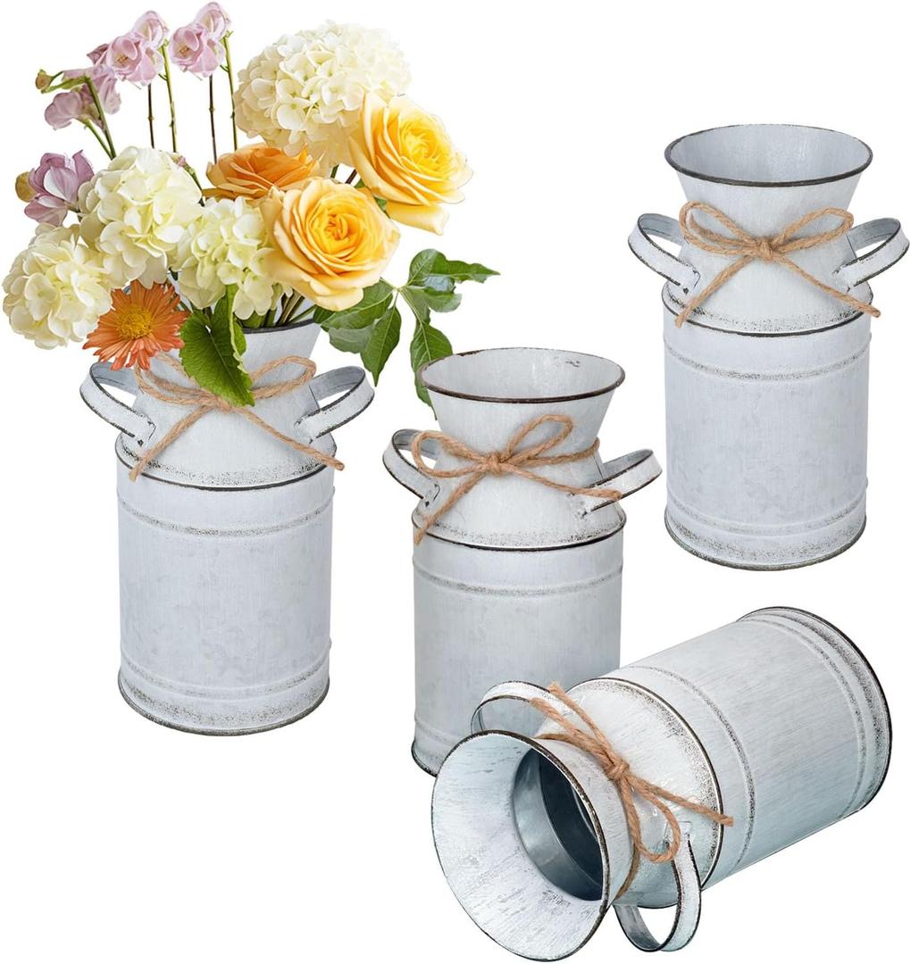 Pack of 4 Metal Flower Vase, Galvanized Metal Milk Can, French Rustic Milk Jug Planter, Farmhouse Decorative Flower Vase, Farmhouse Metal Vases for Home, Fireplace, Cabinet, Bathroom Decor