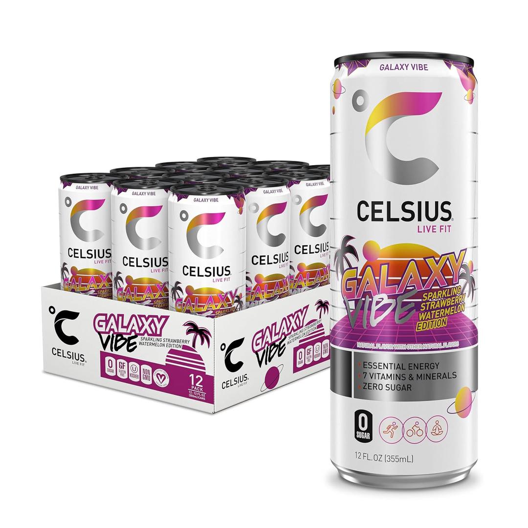 CELSIUS GALAXY VIBE Sparkling Strawberry Watermelon, Sugar Free Energy Drink, 12 Fl Oz (Pack of 12) (EXP 08/31/26)