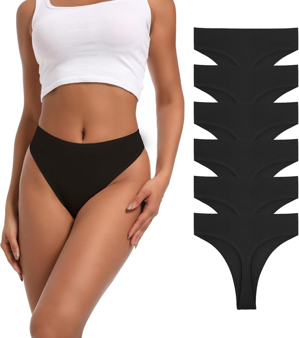 High Waist Thong Underwear Women Ribbed Cotton Tummy Control Thongs Panties Size S-4XL Pack 6 (Black, M)