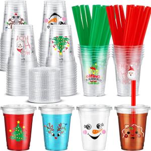 Zhehao 100 Set 12 oz Christmas Plastic Cups with Lids and Straws Holiday Plastic Disposable Coffee Cups with Lids Straws for Xmas Holiday Party Supplies