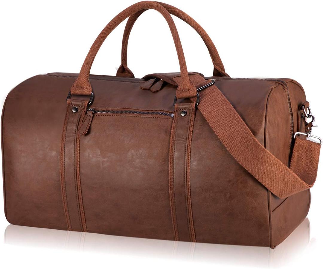 Seyfocnia Oversized Duffle Travel Bag for Men or Women, Waterproof PU Leather Weekend Gym Bag Large Carry On Bag Overnight Hangbag (Brown)