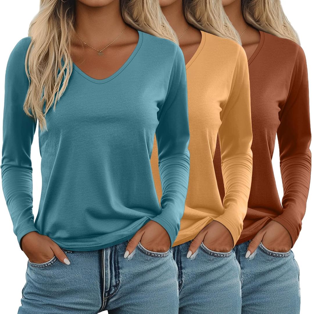 Ficerd 3 Pack Women's Long Sleeve T Shirts, V Neck Basic Tops Fall Casual Trendy Tees Loose Fit Soft Clothes Outfits(Caramel, Ginger Yellow, Lake Blue, X-Large)