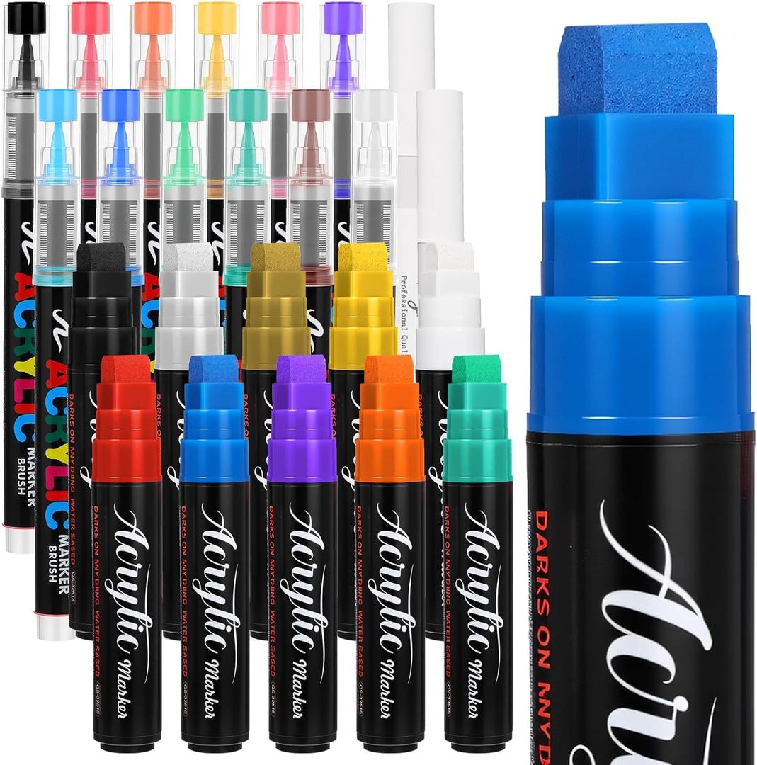 24PCS Acrylic Paint Markers 15mm Jumbo Graffiti Markers and Soft Brush Tip Acrylic Paint Pens, Waterproof and Permanent Ink Paint Pens Poster Marker for Canvas Board Fabric and DIY Crafts