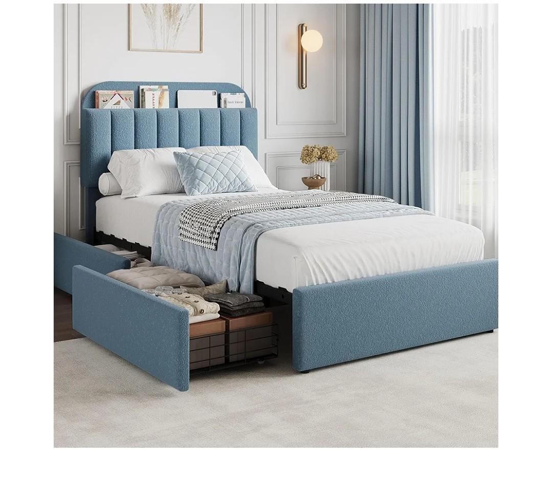 GarveeHome Twin Bed Frame with Storage Headboard, Kids Bed Frame with 2 Drawers, Boucle Upholstered Platform Bed with Bookcase, No Box Spring Needed, Easy Assembly, Blue