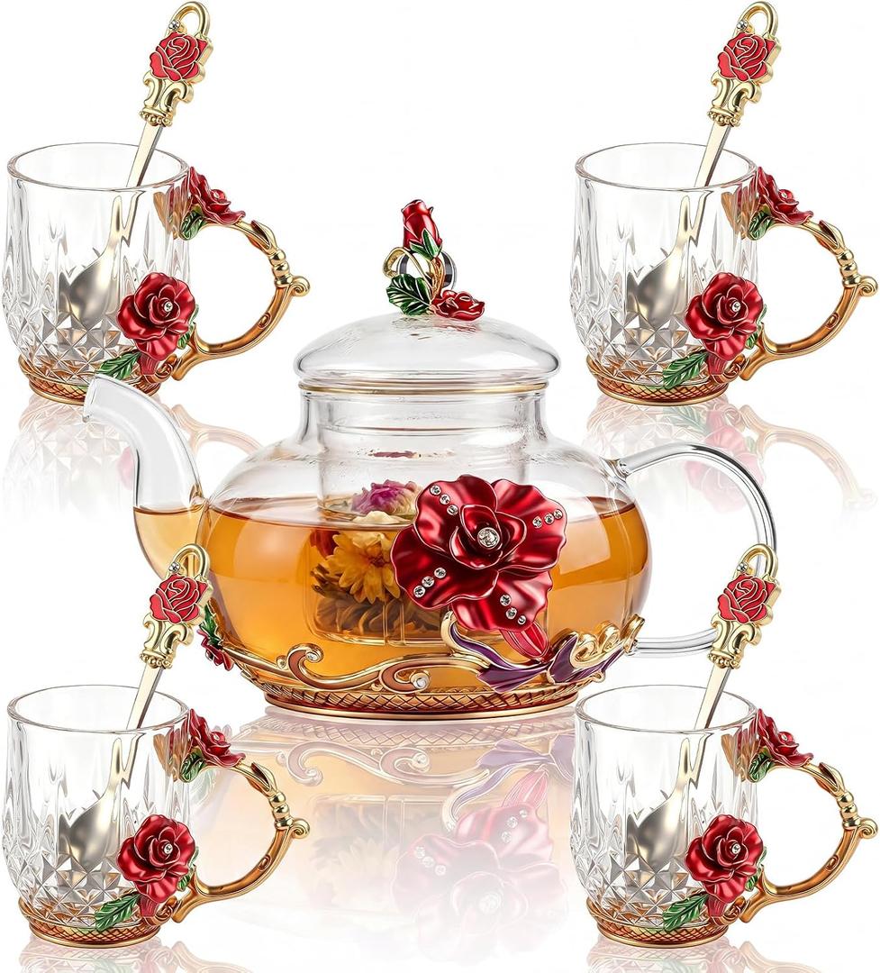 Maxdot 5 Pcs Floral Glass Tea Set with Teapot and Infuser, 14 oz Vintage Flower Teapot with 4 Rose Enamel Cups 3 oz and Spoons, Tea Party Set, Gift for Women Mom Grandma