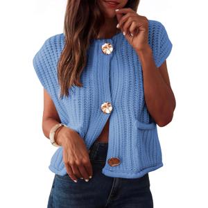Baonmy Women's Sleeveless Cropped Chunky Knit Cardigan 2025 Casual Button Down Crochet Sweater Vest Tops with Pockets (Large, Blue)