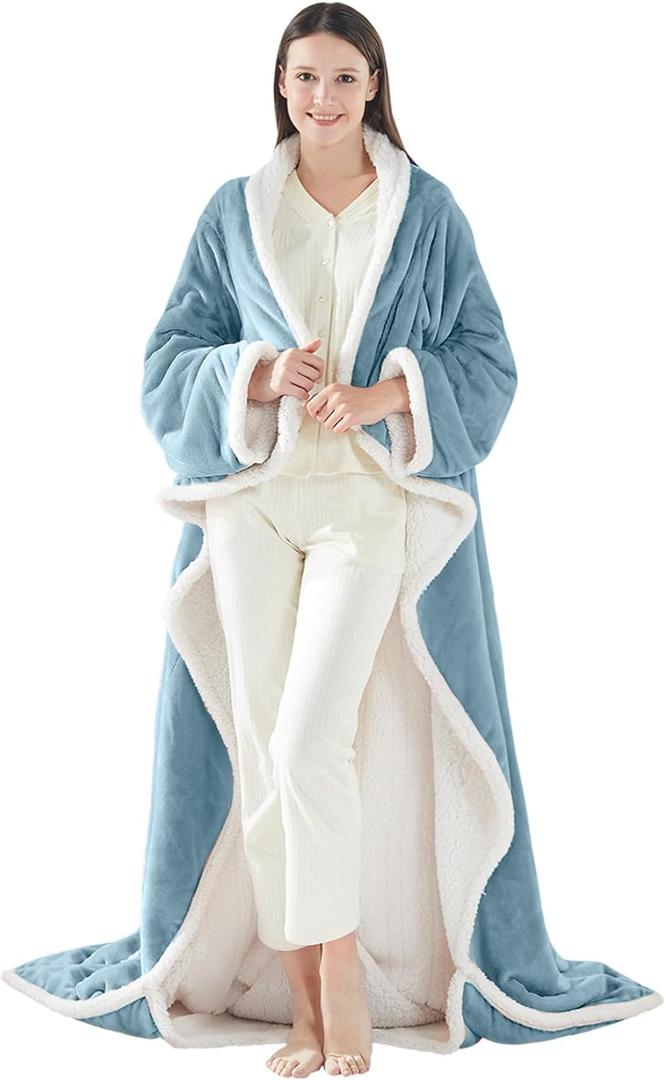 Sealy Electric Blanket Wearable with Foot Pocket, Electric Snuggle Blanket with Sleeves, Flannel & Sherpa Heating Throw with 6 Heat Settings & 2-10 Hours Auto Shut Off, 50 * 70"+18", Light Blue