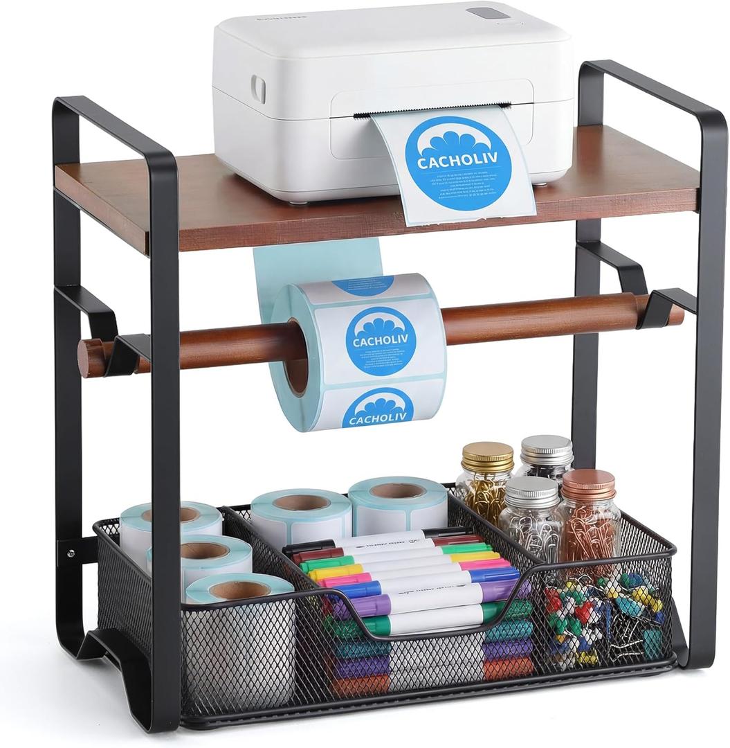 Label Holder for Thermal Printer - Sticker Roll Dispenser - Shipping Lable Holder for Rolls and FanFold Labels - Thermal Printer Stand for Home, Office, Small Business (Walnut-Black)