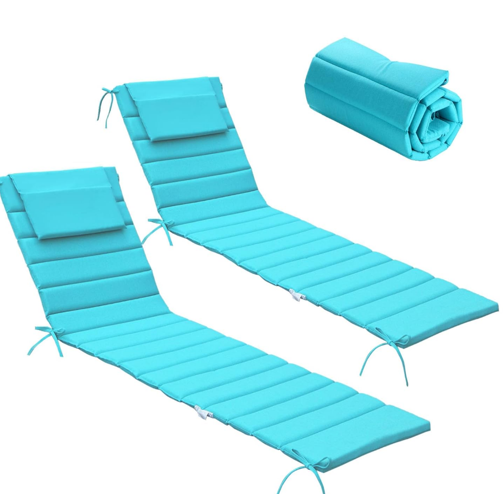Chaise Lounge Cushion Outdoor Set of 2- Foldable Waterproof Pool Lounge Chair Cushions with Ties and Headrest, 80x26 Inch, Patio Furniture Cushions Replacement for Lawn Pool, Lake Blue. 4 PCS.