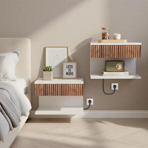 Floating Nightstand Set of 2 with Charging Station Modern White Wall Mounted Bedside Tables with Walnut Fluted Drawers Mid Century Nightstands for Bedroom, Small Spaces, Retro MCM Style