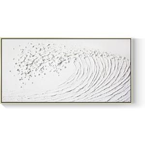 White Hand Painted Oil Painting Wall Art - Large Framed Ocean Waves 3D Textured Home Decor 48x24 Horizontal Canvas Minimalist Artwork Decoration for Living Room Bedroom