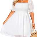 Women's Puff Sleeve Square Neck Mini Summer Sundress Chiffon Swiss Dot Flowy Smocked Dress, L