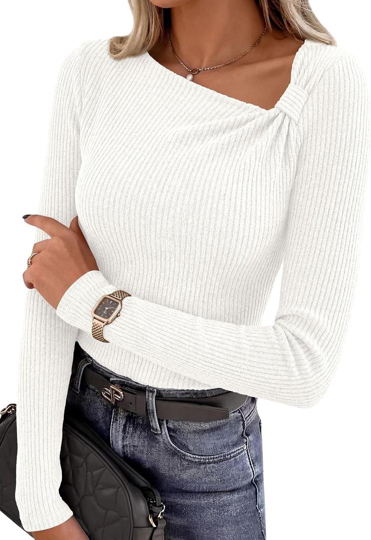 PRETTYGARDEN Womens Fall Long Sleeve Shirts Asymmetrical Tops (White, M)