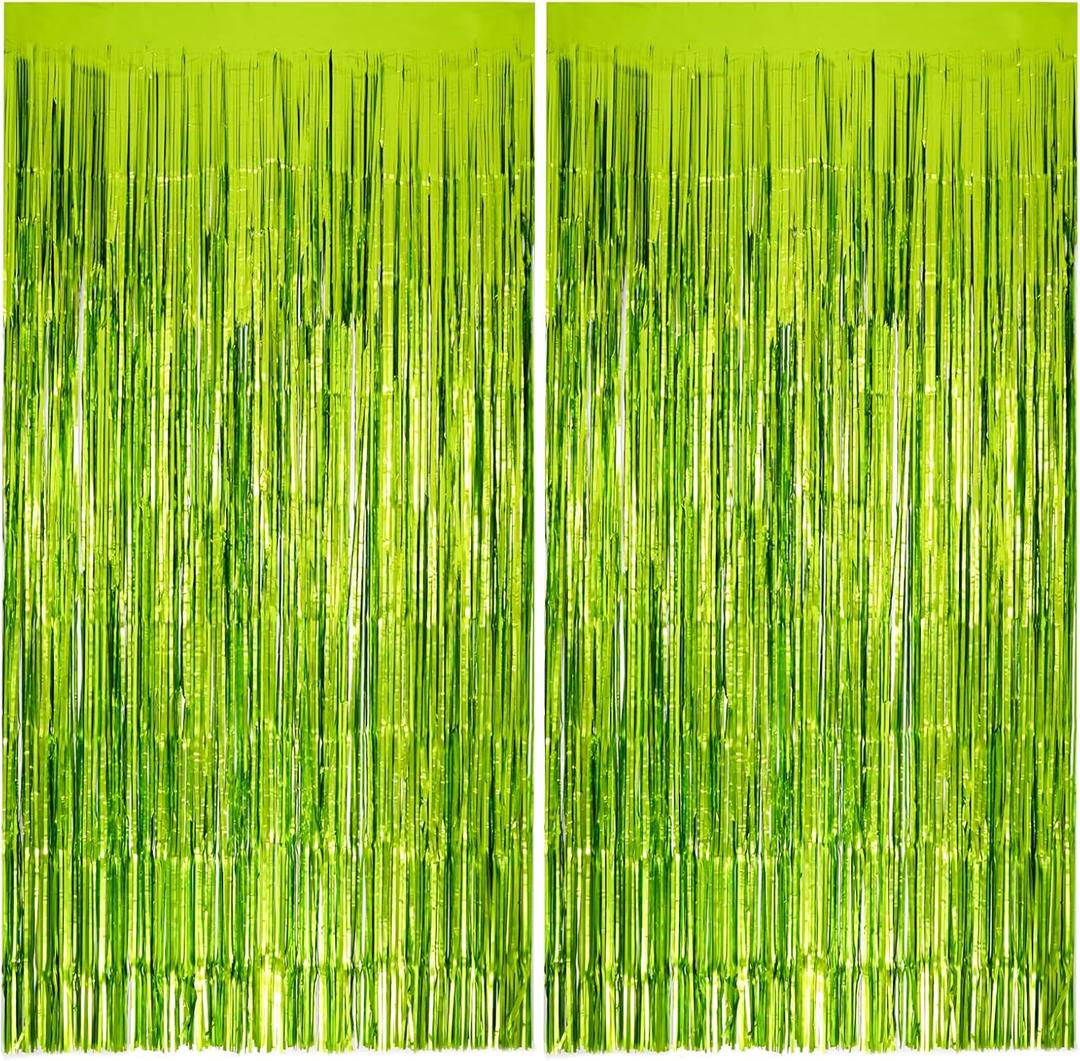 2 Pack Lime Green Party Decorations Tinsel Foil Fringe Backdrop 3.3x6.6, Durable Metallic Tassel Create Photo Booth & Entrance for Margaritas Party Decorations