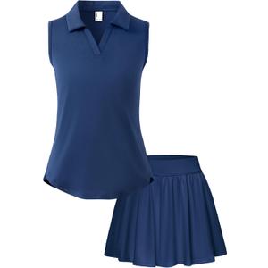 PATPAT Girls Tennis Outfits Size 13-14, Navy Blue Sleeveless Polo Shirts + Pleated Skirt with Built in Shorts 2 Piece Outfits Clothes For Girls Gym Outfits Kids Activewear Sets