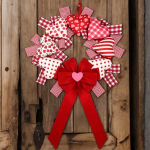 Valentine's Day Wreath 14'' Love Heart Wreath with 3D Heart Ornaments for Front Door 24'' Long Window Porch Home Wedding Festival Celebration Wall Decorations(Bow)