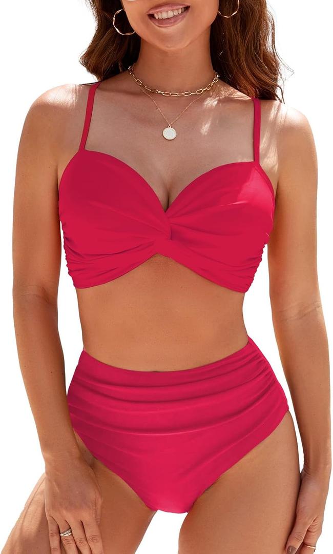 SEAFORM Women's Bikini Sets Two Piece Tummy Control Swimsuit High Waist V-Neck Beachwear Twist Front Straps Bathing Suits (Pink, M)