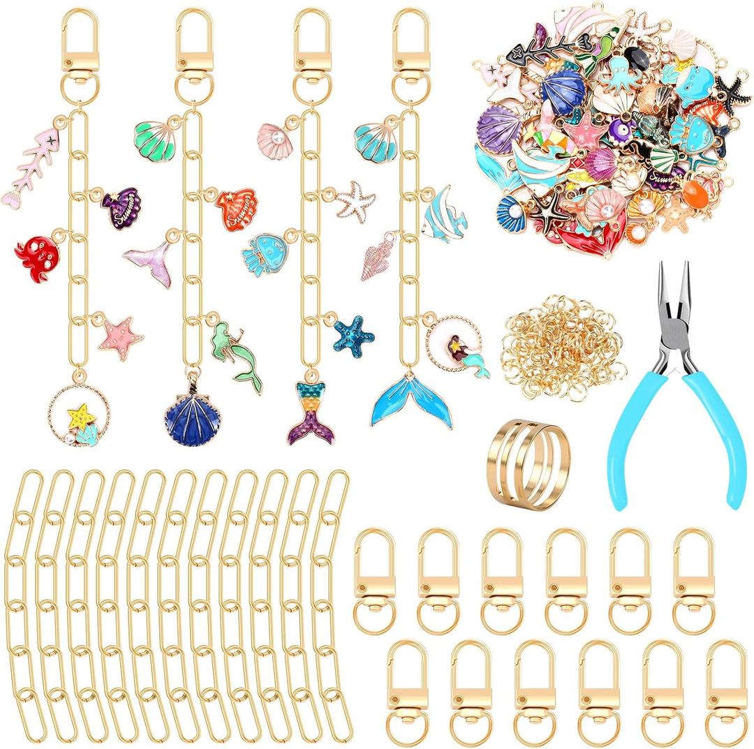 AUGSUN 189Pcs Ocean Themed Keychain Making Kit, Charm Jewelry Chain Making Crafts Including 60 Summer Beach Charms 12 Keychain Clips Hooks 15 Extender Chains 100 Jump Ring and Jewelry Plier