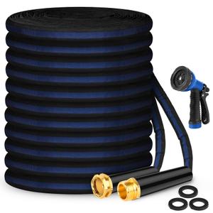 Garden Hose 100ft, Non-Expanding Water Hose, 8 Function Nozzle, Flexible Ultra-Light, Anti-Kink, Wear-Resistant, Portable, Easy Storage, Hose with 3/4 for Outdoor, Garden, Yard, Black Dark Blue