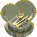 125PCS Olive Green Plastic Plates - Green and Gold Disposable Plates - Vintage Plate with Gold Plastic Silverware Sets for 25 Guests for Wedding & Party & Spring Party