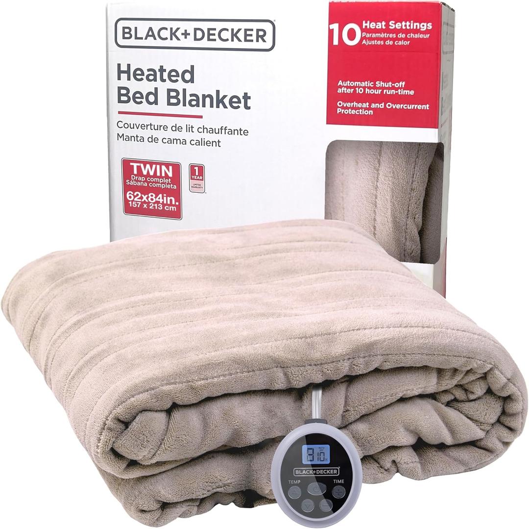 BLACK+DECKER Heated Blanket Electric Twin, Micro Plush Electric Blanket, Heating Blanket with 10 Heating Levels, 10H Timer, Auto Shutoff, Fast Heating (84x90 inches, Cream)