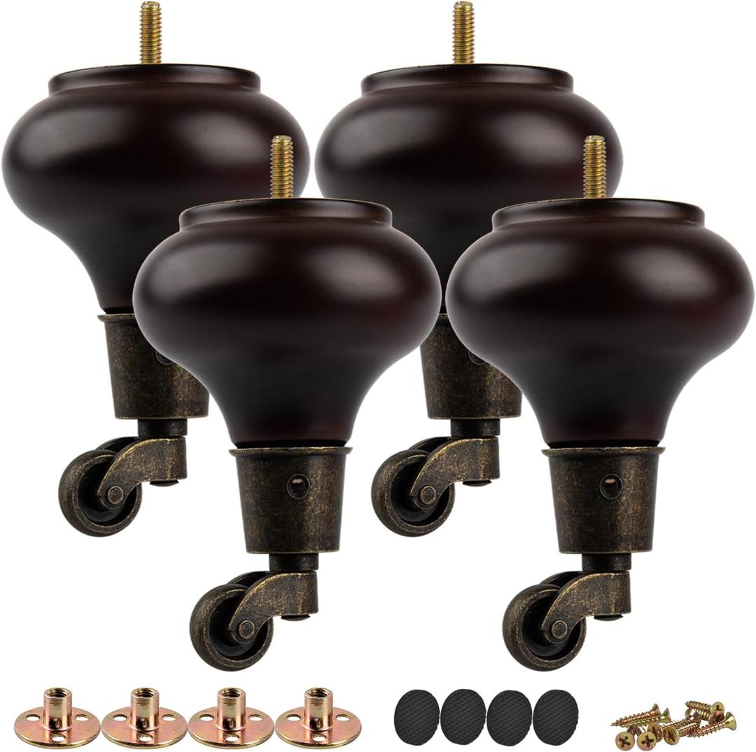 5 inch / 13cm Wooden Furniture Legs with Casters Wheels, Pack of 4 Classic Walnut Solid Wood Round DIY Replacement Bun Feet for DIY Project Sofa Couch Cabinet Ottoman Bed Riser
