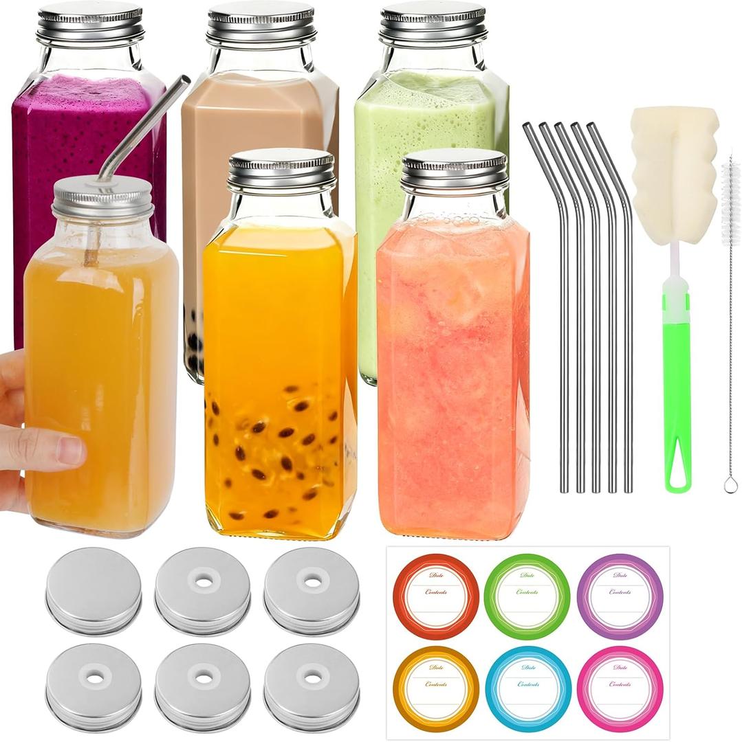 12 oz Glass Juice Bottles with Lids 6 Pack | Reusable & Leakproof Juicing Jars with Airtight & Sipping Lids, Straws & Brushes for Travel, Office, Home, Gym
