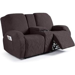 Ruaozz Stretch Loveseat Recliner Covers with Console 4-Pieces Recliner Sofa Covers with Pockets Jacquard Reclining Couch Covers Furniture Protector with Elastic Straps Bottom (2 Seater, Black)