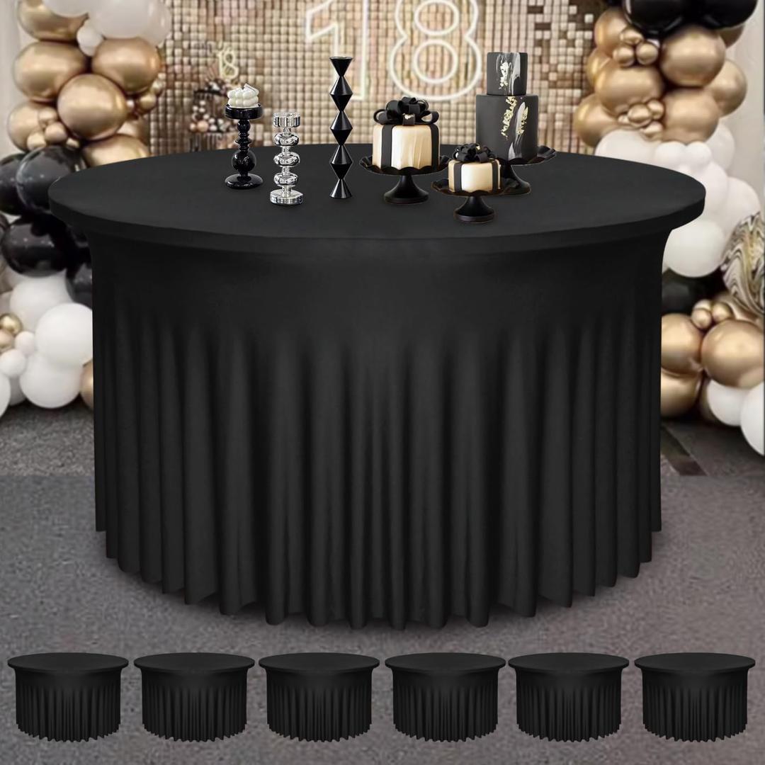 6 Pack 48" Diameter x 30" Height Black Table Skirt | Fits 4FT Round Tables | Polyester Spandex Cloths With Skirt | Stain, Wrinkle Resistant for Wedding, Party, Dining, Banquet