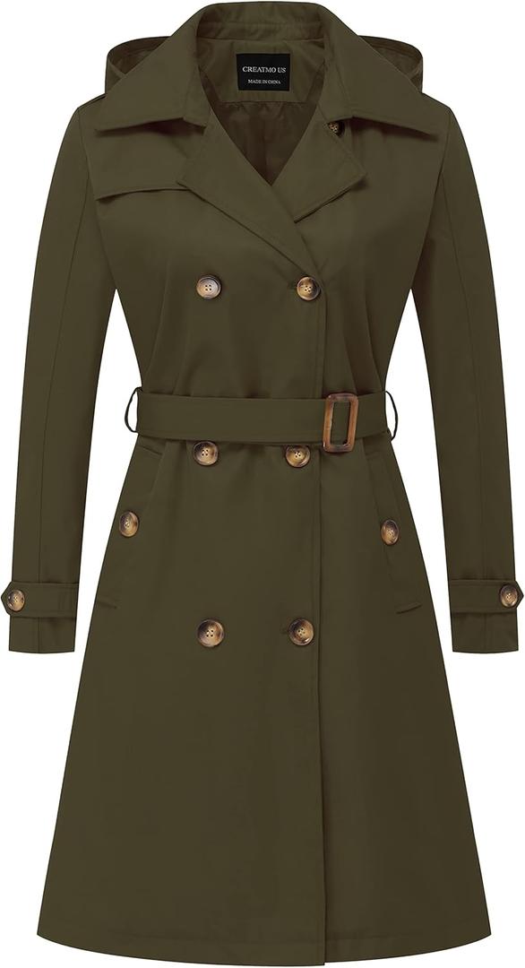 CREATMO US Women's Long Trench Coat Double-Breasted Classic Lapel Overcoat Belted Slim Outerwear Coat with Detachable Hood (Army Green), S