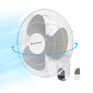 Comfort Zone 16-Inch Fan with Remote Control Quiet 3-Speed Oscillating Indoor Fan with 90 Wide-Angle Airflow, Timer & Sleep Modes Space-Saving Wall Fan for Bedroom, Home Gym & Office, White