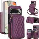 Asuwish Phone Case for Google Pixel 9/9 Pro/10/10 Pro 5G Wallet Cell Cover with Tempered Glass Screen Protector Strap RFID Blocking Card Holder Pixel9 9Pro/Pixel10 10Pro Nine Ten Women Men Dark Purple