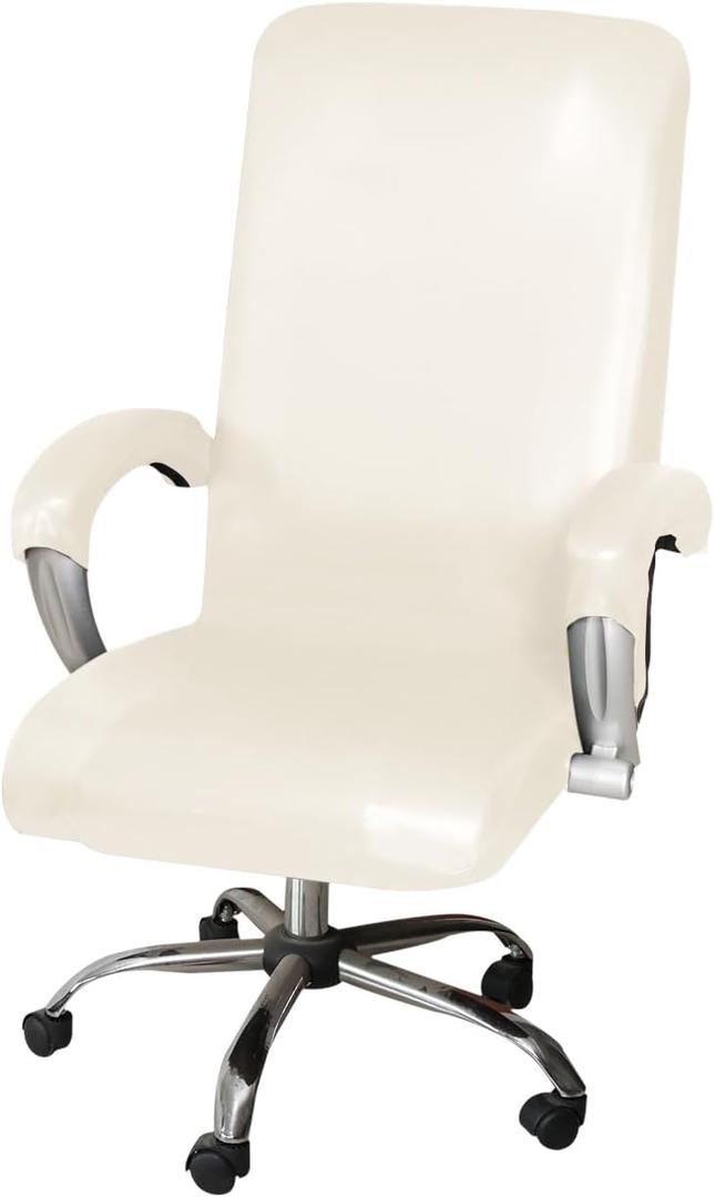 ITFRO Waterproof Office Chair Cover with Armrest Covers PU Leather Computer Desk Chair Cover with Zipper Universal Rotating Gaming Chair Slipcover High Back Chair Seat Protector (Cream White)