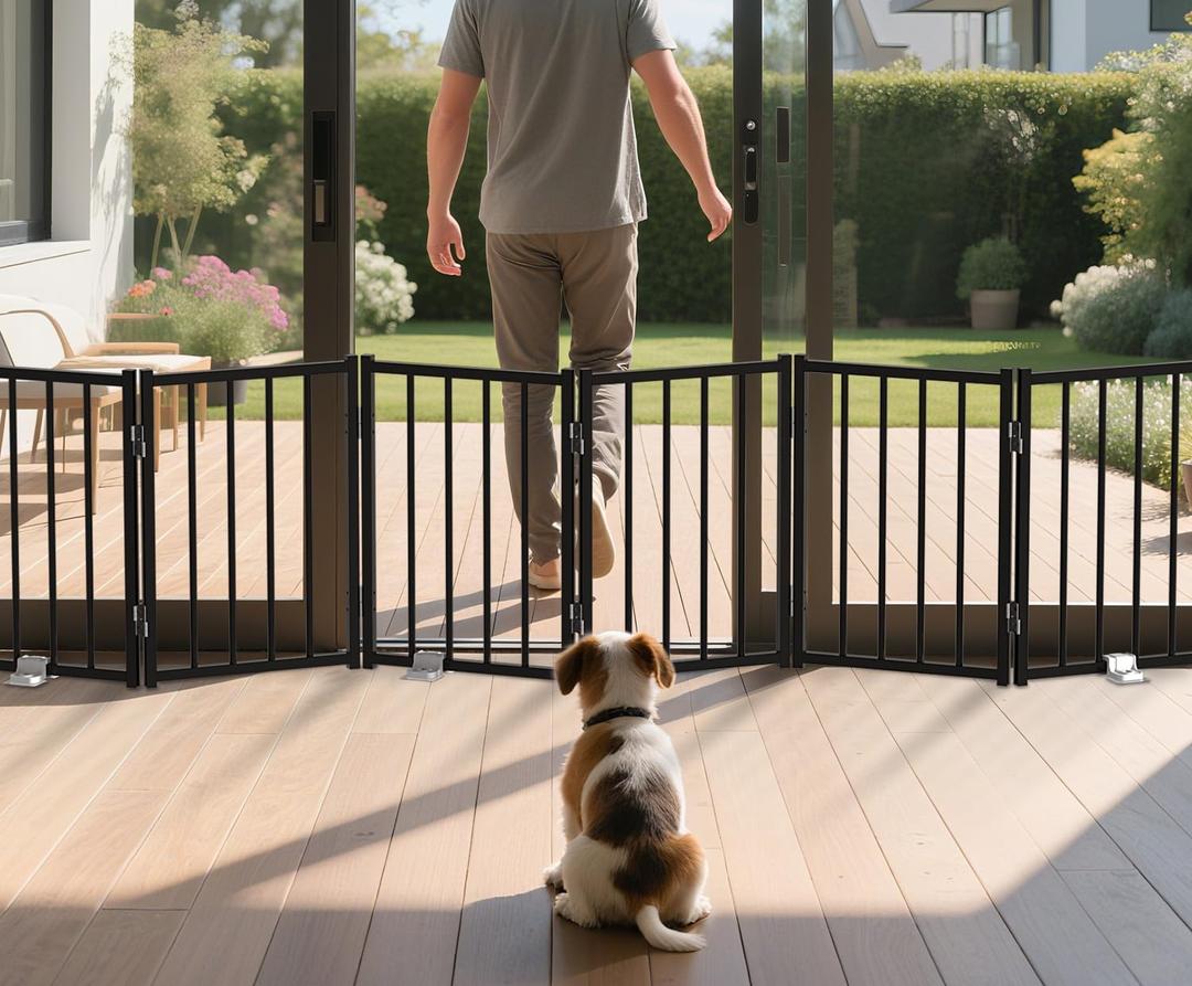 BFNN Metal Short Dog Gate, 16.5" High to Step-Over, Free Standing Foldable Pet Gate, Up to 72" Wide Puppy Fence for Stairs and Doorways, Indoor & Outdoor Use, No Drilling and No Assembly, Black