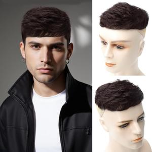 Toupee for Men Human Hair Men's Brown Wig Short Straight Fluffy Realistic Hair Wig Thin Skin Daily Party Costume Wigs for Male Guy (Dark Brown)