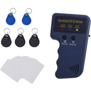 Handheld RFID Reader Writer 125kHz, ID Card Reader Writer Device for T5577 & EM4305 Chip with 5 T5577 Key Fobs + 5 writable Cards, for Access Control, Parking Cards, Hotel Keys (Battery Not Included)