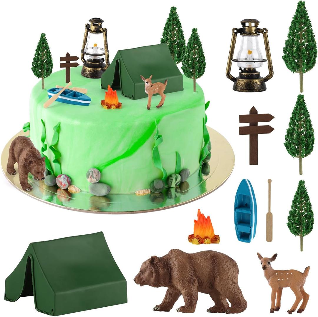 Hooqict 12 Pcs Camping Cake Decorations Set with Mini Tent, Campfire, Tree, Camp Sign, Safari Animals Camping Cake Toppers for Kids Adults Forest Themed Birthday Party Supplies