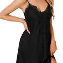 Vrtige Women's Nightgown V Neck Sexy Nightdress Sleeveless Sleepshirt Lace Hem Sleepwear (Black, XS)