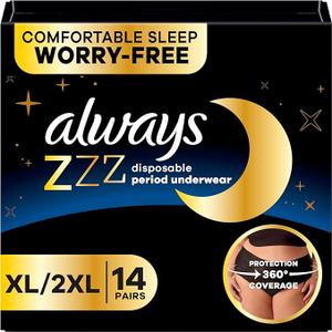 Always ZZZ Overnight Disposable Period Underwear for Women Extra Large/2LX, 360° Coverage for WorryFree Nights, 14 Count (2 Packs of 7)