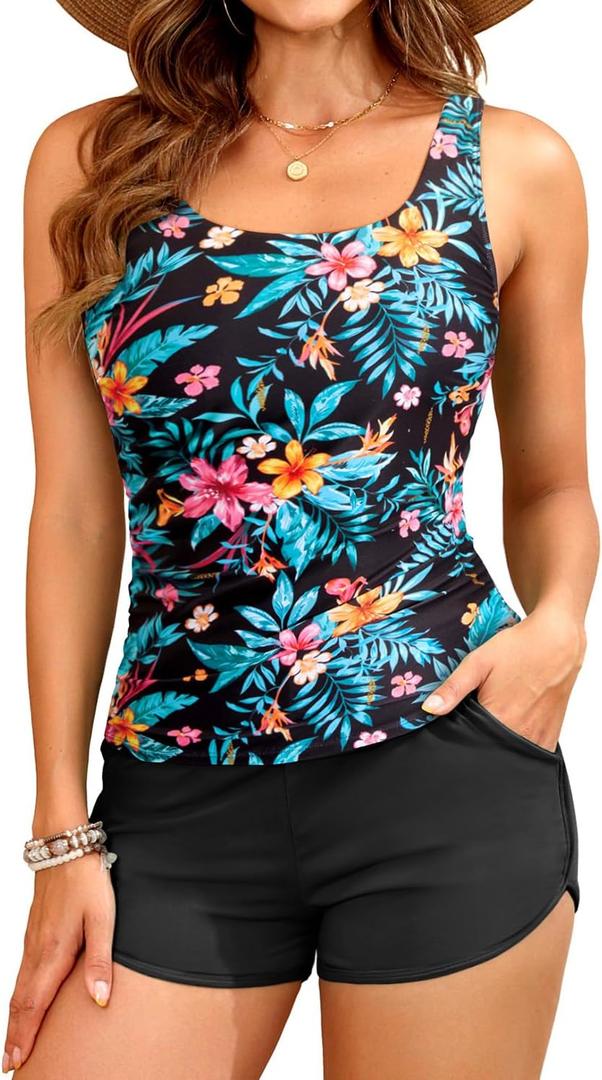 Tankini Swimsuits with Shorts - Two Piece Swimsuits Tummy Control Bathing Suits with Pockets (Small, Black Floral)