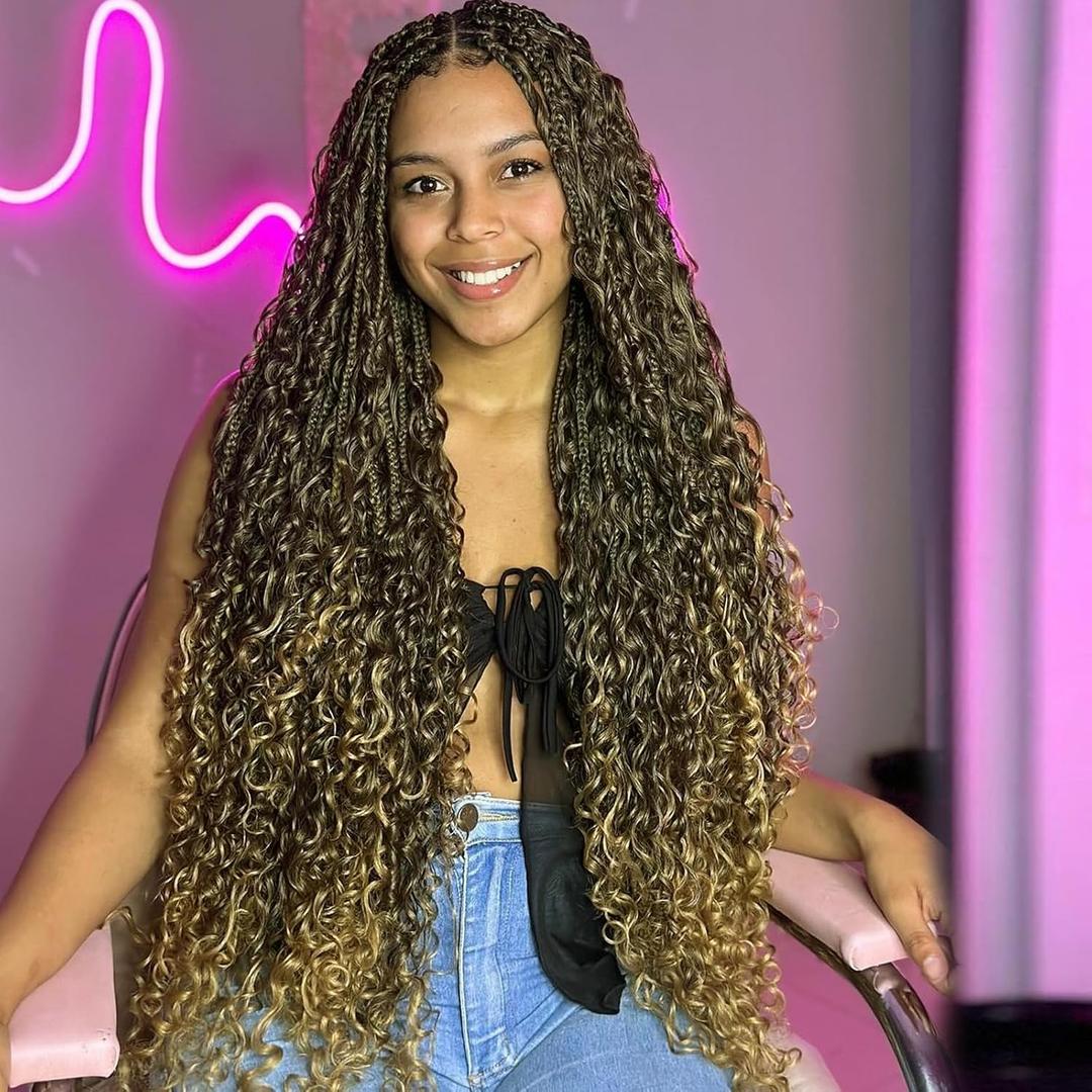 Vustbeauty 9 Packs Boho Box Braids Crochet Hair 24 Inch Goddess Box Braids Crochet Hair With Curly Ends Synthetic Bohemian Braids Hair Extension For Women (24inch, 1B/27)