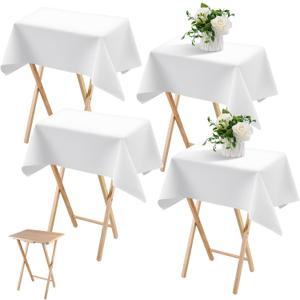 Oudain 4 Pcs Small Tablecloth Washable Fabric Folding TV Tray Table Cloth Polyester Solid Color Nightstand Cover for Bedside Table Side Outdoor Indoor(White, 24 x 36 Inch, Classic Edge)