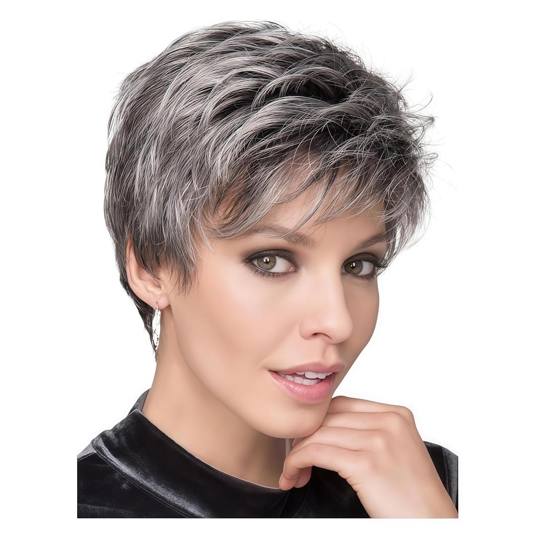 Short Grey Wigs Short Cut Layer Sliver Gray Wigs with Bangs Texture Pixie Cut Pixie Cut Replacement Wigs for Daily Use (Grey 1)