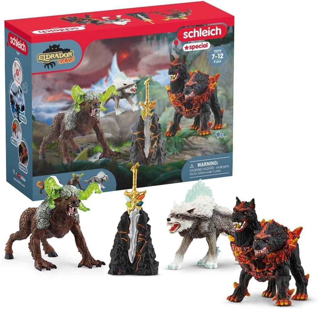 Schleich Eldrador Creatures - 5PC Fantasy Creature Set - Ice Wolf, Lava Hound, Rock Beast and Sword Figure Playset - Animal Monster Figurines for Boys and Girls - Durable Toys for Kids Ages 7+ | 72179