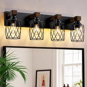Farmhouse Bathroom Vanity Light, 4-Light Wood Bathroom Light Fixtures Over Mirror, Black Industrial Vanity Lights with Metal Shade, Rustic Bathrooms Lighting for Living Room, Bedrooms, Hallway