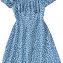 Verdusa Girl's Boho Floral Puff Sleeve A Line Dress Summer Shirred Slit Vacation Dresses (Blue, 12 Years Old)