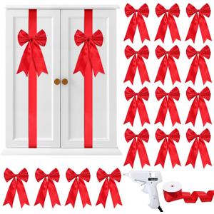 16 Pcs Christmas Cabinet Bows DIY Kitchen Velvet Cabinet Ribbons Bows for Kitchen Dining Door Home Holidays Decoration(Red,Silk)