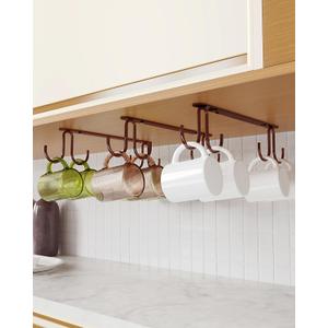 Mug Hooks Under Cabinet 3 Pack, Coffee Cup Hooks for Hanging Under Shelf, Mug Organizer Rack with 12 Hooks for Displaying Mugs, Coffee Cups and Kitchen Utensils, Brown