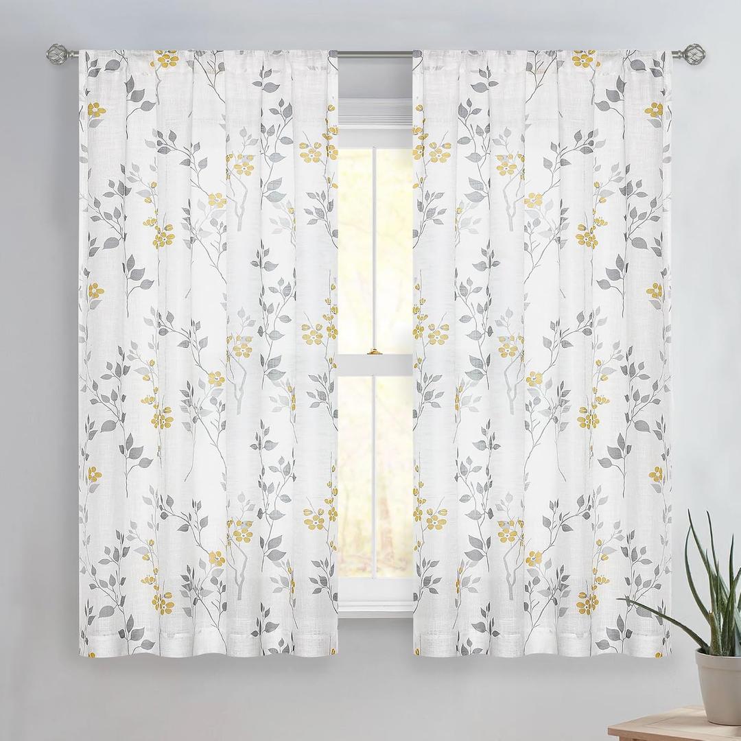 Beauoop Floral Linen Semi Sheer Curtains Living Room Yellow Grey 50x54x2 | Farmhouse Flower Patterned Yellow White Light Filtering Drapes for Bedroom 2 Panels Textured Window Treatment Rod Pocket